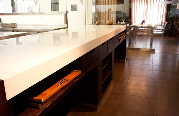 Custom wood and Corian table. Restaurant Casa Gerardo. Asturias.