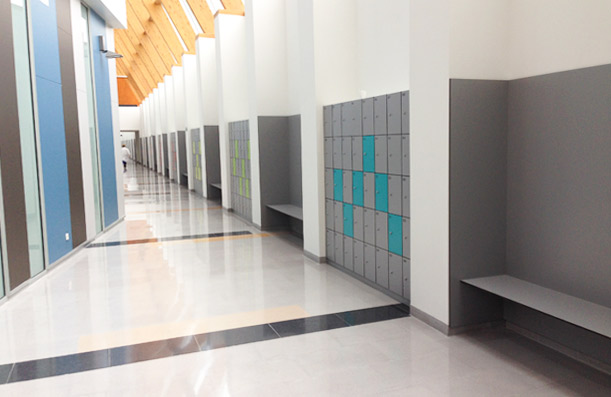 Lockers, benches and walls Trespa coverings. Central Hospital, HUCA. Oviedo.