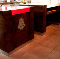 Custom wood and Corian table. Restaurant Casa Gerardo. Asturias.