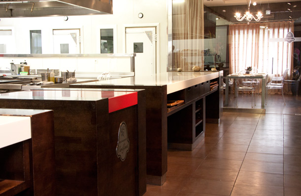 Custom wood and Corian table. Restaurant Casa Gerardo. Asturias.